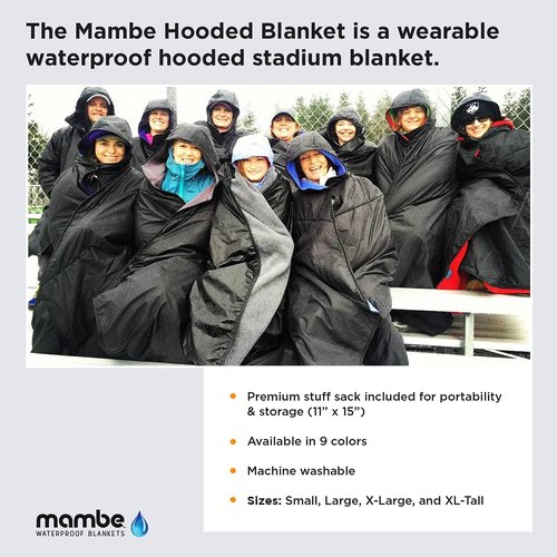 Mambe Extra Large Extreme Weather Hooded Blanket Navy and Charcoal - 100% Waterproof and Windproof with Premium Stuff Sack - for Stadiums and Watching Sports Activities - Machine Washable Fleece