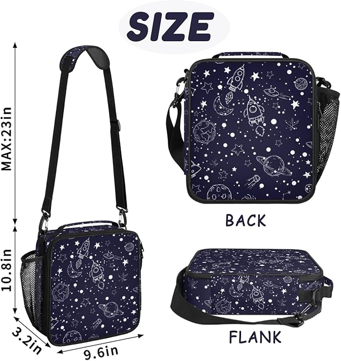 Insulated Lunch Bag for Girls - Reusable Lunch Box Water-Resistant Thermal Cooler Meal Tote Bag with Water Bottle Holder for School Picnic Travel (Universe Rocket)