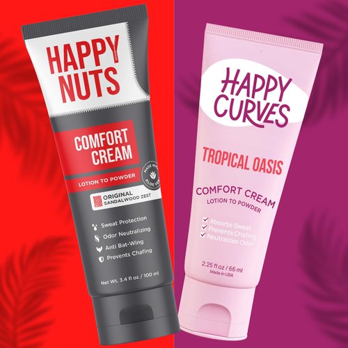 HAPPY NUTS & HAPPY CURVES Comfort Cream His (3.4 oz) and Hers (2.25 oz) Set - Anti-Chafing Sweat Defense, Odor Control, Aluminum-Free Mens Deodorant & Hygiene Product