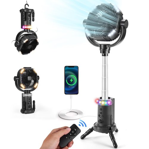 Odoland 20000mAh Camping Fan with Lantern, 360° Oscillation Rechargeable Battery Operated Outdoor Power Fan with Remote, Hook ＆ RGB Light for Camp, Family Travel and Jobsite, Black