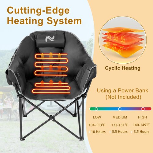 Slsy Heated Camping Chair Oversized, Outdoor Portable Heated Folding Chair, Heavy Duty 500 lbs Support, Padded Seat for Outdoor Sports, Camping, Patio, and Picnics