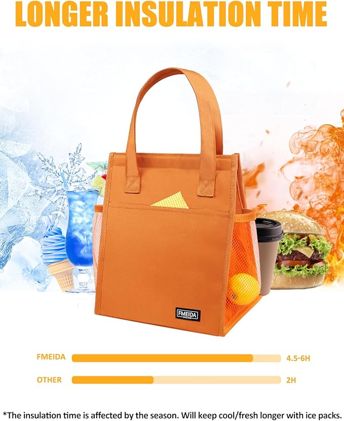 Fmeida Insulated Lunch Bag, Simple Lunch Tote Bags, Waterproof Thermal Cooler Lunch Kit, Reusable Adult Lunch Box Bag for Women | Small Orange, Front&Side&Interior Pockets