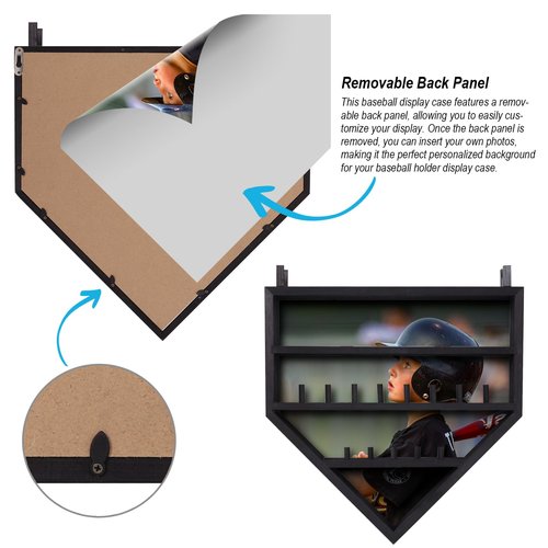Baseball Display Case - Black Wood Baseball Shadow Box Display Case for 9 Balls, 13 Rings, and Bat – Wall Mount Baseball Holder Display Shelf for Game Balls, Trophies, and Memorabilia