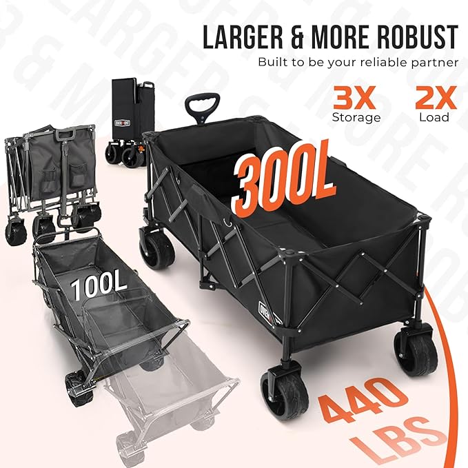 Overmont 45'' Collapsible Foldable Extended Wagon Cart - 300L Heavy Duty 440lbs Large Capacity Folding Utility Wagon with All-Terrain Wide Wheels for Camping Sports Grocery Picnic