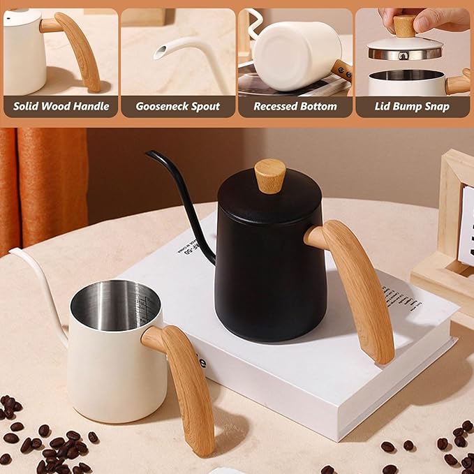 Pour Over Coffee Kettle Gooseneck Tea Pot 304 Stainless Steel Hand Coffee Maker Kettle-Barista Pour Control Design,Wood Handle and Long Narrow Spout Camping Kettle(Color: white,Size:12oz)