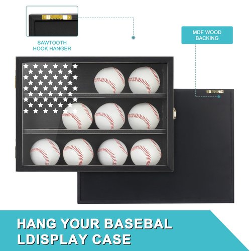 Retro Baseball Display Case Holds 12 Balls, 11"x16" Baseball Storage Box with HD Acrylic Glass, Wall Mount Baseball Ball Holder Stand with Flag for Collectors and Autographed Balls