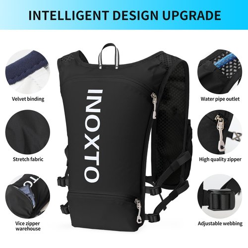 INOXTO Running Hydration Vest Backpack,Lightweight Pack with 1.5L Water Bladder and 250ml Soft Flask Daypack for Hiking Trail Running Cycling Race Marathon for Women Men (Black, Standaed)