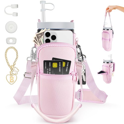LORDTEC Water Bottle Carrier Bag with Phone Pocket & Straw Cover for Stanley 40 oz Tumbler, Water Bottle Holder with W/ 2 Adjustable Strap for Stanley Cup Accessories(Pink, Letter Charm B)