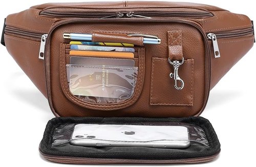 Genuine Leather Large 7 Pocket Waist Pack with Organizer, Card Slots (Black)