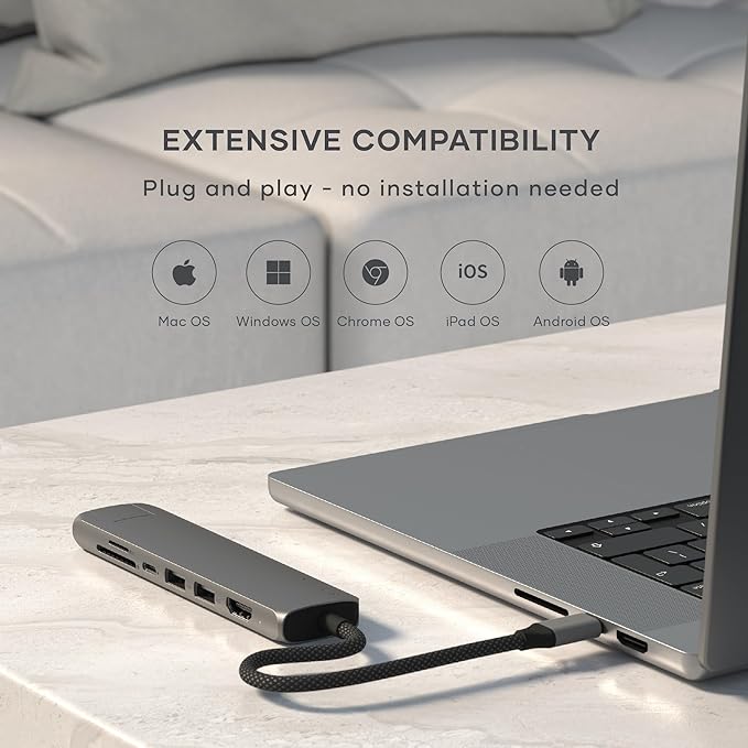 Satechi 7 in 1 USB C Hub Multiport Adapter with Ethernet, HDMI 4K@60Hz, 100W PD Charging, 2X USB-A Data Ports, Micro/SD Card Readers for MacBook Pro/Air M4–M1, iPad, iPhone, Windows - Space Gray