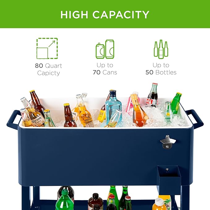 Best Choice Products 80-Quart Outdoor Steel Rolling Cooler Cart w/Ice Chest, Bottle Opener, Catch Tray, Drain Plug, Locking Wheels
