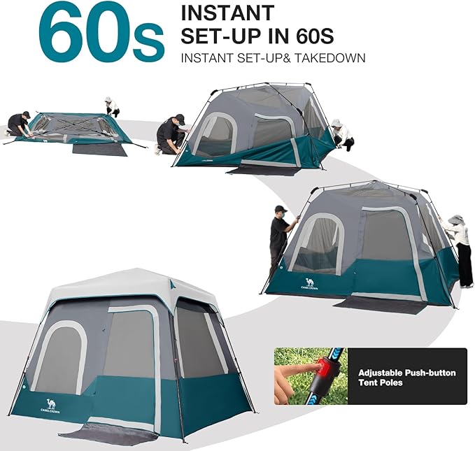 CAMEL CROWN Cabin Tent with 1-Minute Setup, 4/6 Person Instant Tent with Weatherproof Floor