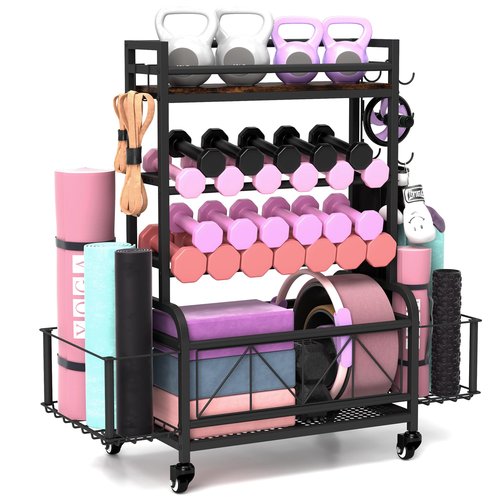 Qriocioa Dumbbell Rack, Home Gym Storage, Gym Storage Rack with Hooks and Wheels,Gym Equipment Storage,Weight Rack for Dumbbells for Organizing Yoga Mats, Kettlebells,Dumbbells, Foam Rollers and ball
