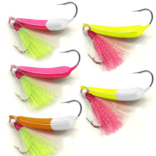 Odoor Fan 5 Pack Fishing Jig Heads, Swimbait Jigs Pompano Jigs with Teaser Hooks, Surf Fishing Jigs Saltwater Jig Heads Stand Up Jig High Carbon Steel O'Shaughnessy Hooks jigs 1/4oz Mixed Color