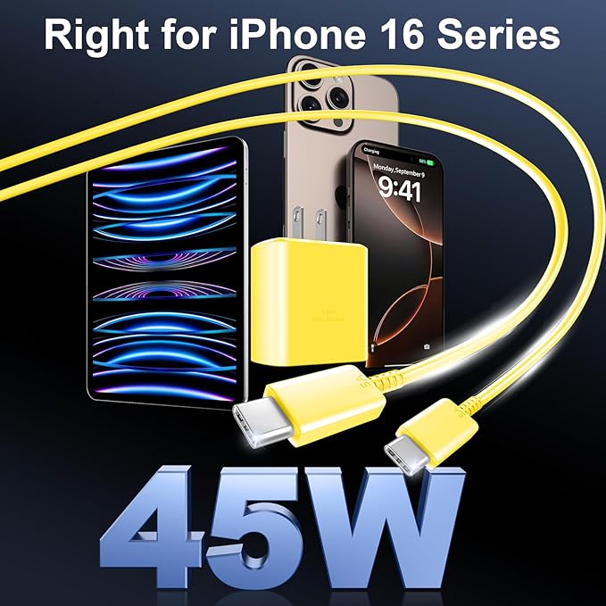 Phone 16 Pro Max Charger, 45W USB C Fast Charging Block With 10ft Long Type C Cable for Phone 16/15 Series, Pro/Plus Models - Yellow