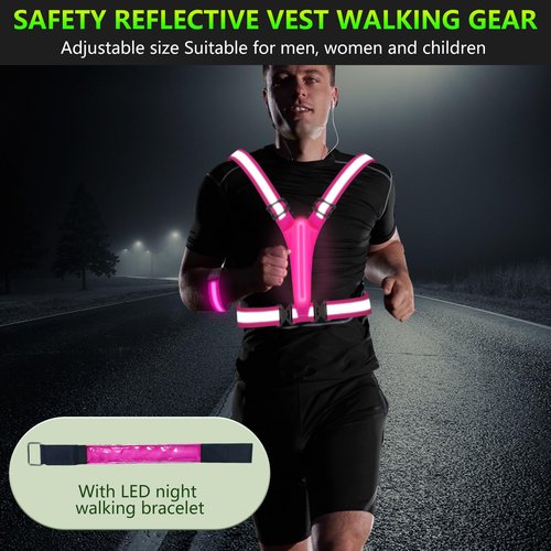 Uwqaqx LED Reflective Running Vest with Wristband, Tpye-C Rechargeable Light Up Running Vest for Women Men, Running Lights for Runner, Safety Gear for Walking, Running, Cycling (Pink+1 Armband)