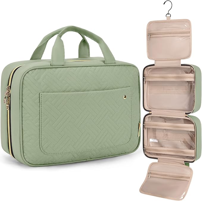 BAGSMART Toiletry Bag Travel Bag with Hanging Hook, Water-resistant Makeup Cosmetic Bag Travel Organizer for Accessories, Shampoo, Full-size Container, Toiletries (Green, Medium)