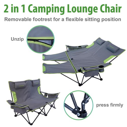 Reclining Double Camping Chair,Adjustable Backrest Two Person Beach Chairs with Foot Rest,Folding Camping Loveseat,Support 600lbs,Lounge Chair Outdoor,Office,Removable Headrests,Cooler Bag,Cup Holder