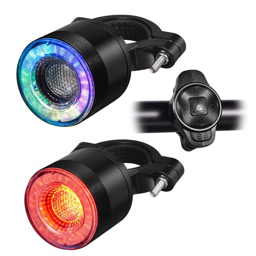 Remote Bike Tail Light 7 Colors 15 Modes with Turn Signals Horn Alarm Rear and Brake Light Auto On/Off Rechargeable 200 Lumen IP66 Waterproof Wireless Smart Rear Bicycle Tail Light 1Pcs Dark Black