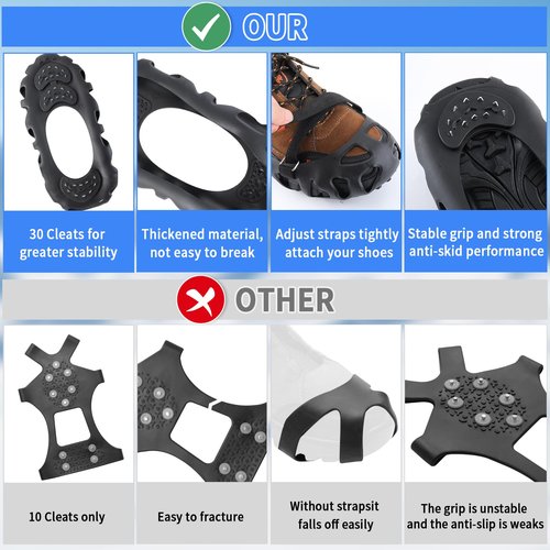 LACE INN Non Slip Gripper Spikes for Shoes, Ice Snow Grips Traction Cleats with 30 Steel Studs Crampon for Walking On Snow and Ice (Size L)