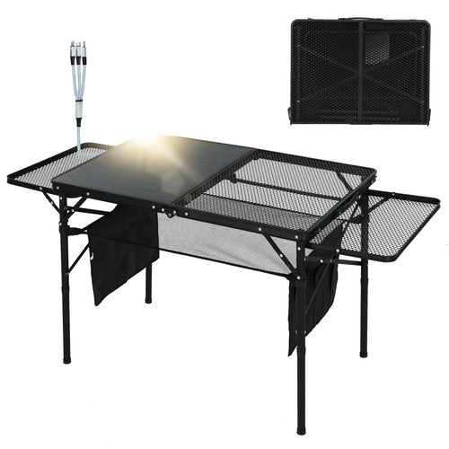 CDEN Camping Table, Grill Table, Folding Outdoor Table with Charging Station, Solar Panel, USB Type-C DC outlets, for Phone provided, 42W Output, 2 Side Shelves, mesh net, Cup Holder