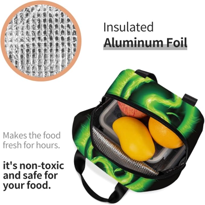 Giwawa Green Fire Snake Lunch Box, Insulated Lunch Cooler Tote Bags for Kids, Reusable Thermal Food Container Handbags for Teens Men Women Picnic Travel