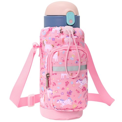 BrainyBees Water Bottle Carrier for Kids - Water Bottle Holder Sling Bag with Adjustable Strap, Girls Water Bottle Bag for 10/12/14/16/18Oz Water Bottles Walking Hiking Trip Camping, Pink Unicorn
