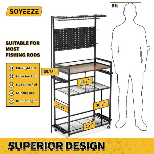 SOYEEZE Fishing Rod Holders for Garage,Fishing Gear Holder for Fishing Rod Tackle Box Storage，Fishing Pole Holders for 12 Rods with Hooks and Pegboard,Fishing Cart with Reel Rack