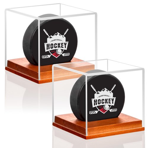 MewVeer Hockey Puck Display Case, Pucks Display Cases with Wooden Base, Acrylic Clear Box - Hockey Memorabilia Storage Holder, for Enthusiasts & Collectors & Fans (2 Pack, Square)