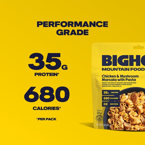 BIGHORN Mountain Food Chicken and Mushroom Marsala with Noodles - contains 6 packs | 12 servings | 210g Protein | 4,080 Calories - premium freeze dried meals for backpacking food - dehydrated camping food for backpacking meals - ideal camping meals - just