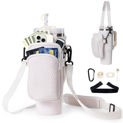 Water Bottle Carrier Bag with Removable Phone Pocket for Stanley 40oz Tumbler, Stanley Purse for Spots&Outdoors, Stanley Cup Accessories with Adjustable Shoulder & Hand Strap, White