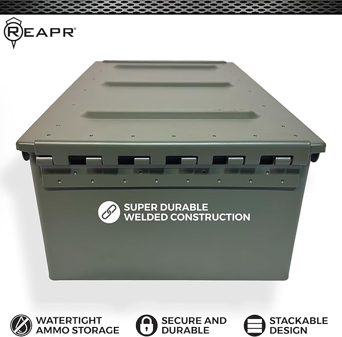 Reapr Steel Ammo Can, Heavy Duty Locking Metal Ammo Storage Box, Airtight and Watertight 30 Cal or 50 Cal Case for Rifle, Shotgun, Pistol, Military Footlocker Style Tool and Gear Organizer