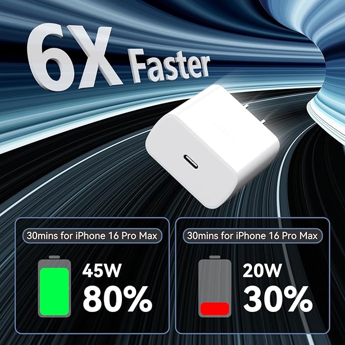 Auorld 45W Super Fast USB C Charger Block with 10FT Long Charging Cord Cable for Phone 16 Pro Max/16 Pro/16/16 Plus, 15 Pro Max/15 Pro/15, Android Phone - White&Blue