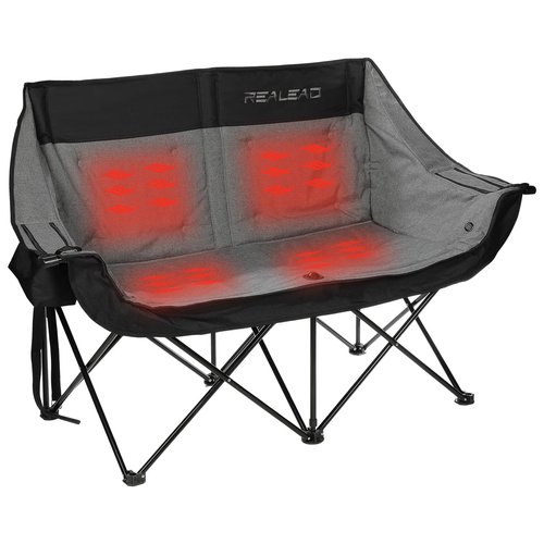 REALEAD Heated Double Camping Chair, 3 Heat Levels and 4 Heating Zones, Portable Heated Loveseat Chair for Outdoor Sports Support 650lbs, Heating Folding Chairs for Outside, Battery NOT Included
