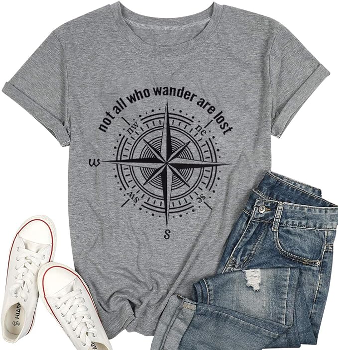 Womens Graphic T-Shirt Not All Who Wander are Lost Funny Tees for Women Summer Casual Tops Athletic Shirts