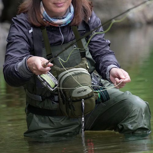 Goture Fly Fishing Chest Pack, Lightweight Chest Pack Tackle Storage Bag, Fly Fishing Waist Pack, Fly Fishing Bag with Adjustable Padded Waist Strap and Neck Strap, Fits Up to 2 Tackle/Fly Boxes