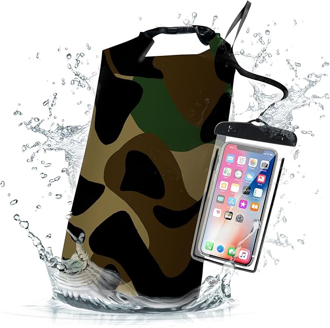 Waterproof Dry Bag,Roll Top Grey Camouflage Small Waterproof Backpack 5L/10L/20L Floating and Lightweight Bags for Kayaking, Boating, Fishing, Swimming and Camping with Waterproof Phone Case