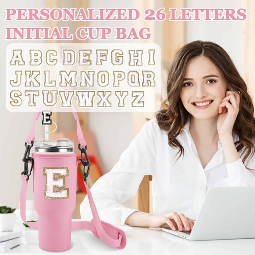 Personalized Initial A-Z Water Bottle Holder Bag for Stanley 40oz Tumbler, Initial Water Bottle Carrier Bag with Strap, 2 Straw Cover Cap &2 Letter Chains for Stanley Cup Accessories(Pink-White E)
