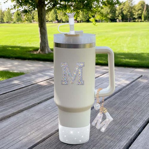 LA KEN DU Letter Charms for Stanley Cup Handle,Silicone Boot Accessories Charms for Stanley Cup 40oz 30oz,Crown Straw Cover Topper & Diamond Sticker (M)