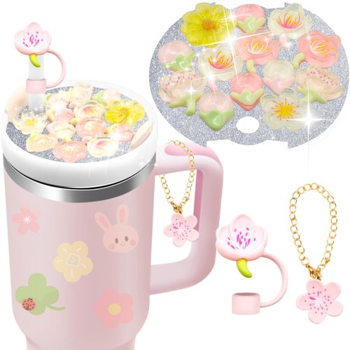 LBU Stanley Cup Lid Accessories for 40oz Tumbler with Handle, Including 1Pc Bling Stanley Lid Topper + 1Pcs Silicone Straw Cover Cap + 1Pcs Handle Charms for Stanley Cup Accessories (Flower)