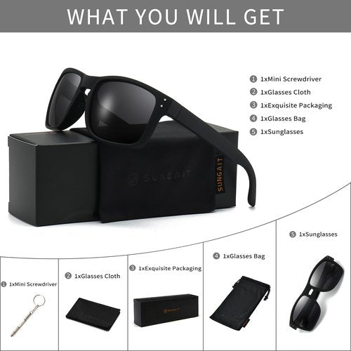 SUNGAIT Polarized Sports Sunglasses for Men Women: Black Retro Square Shades UV400 for Driving Fishing Cycling Running Golf