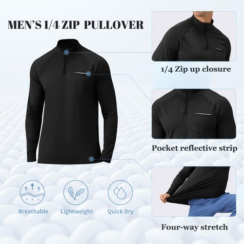 CARGFM Men's 1/4 Zip Pullover Sun Protection Golf Shirt Lightweight Long Sleeve Athletic Fishing Sports T-Shirt Top Black