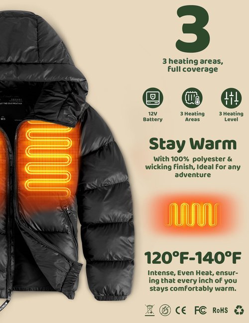 ANTARCTICA GEAR Kids Heated Jacket with 12V/5A 10000 mAh Battery Pack, 3 Heated Areas Winter Coat for Boys & Girls