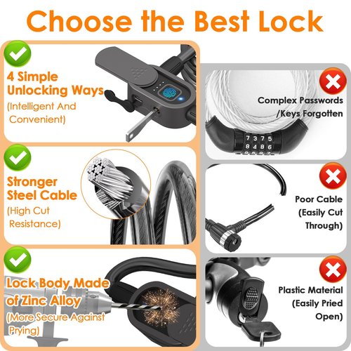 Eseesmart Fingerprint Bike Lock with Keys, 4.92 Feet Cablelock Electric Scooter Lock Heavy Duty Anti Theft Waterproof with Mounting Bracket, Bike Accessories for Bicycle, Electric Scooter, Motorcycle
