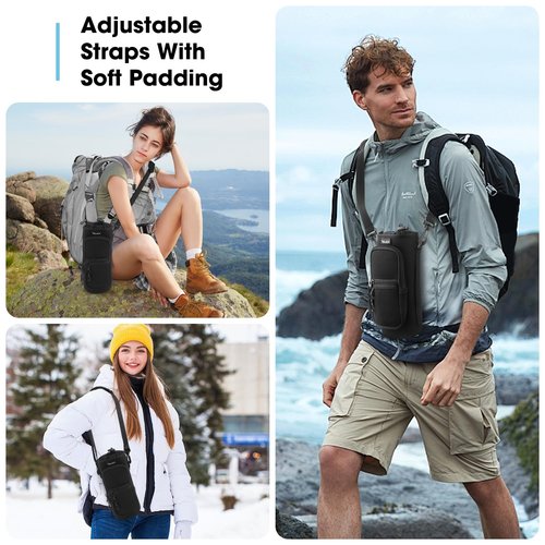 25/32/40oz Water Bottle Carrier Bag with Phone Pocket,Crossbody Insulated Neoprene Adjustable Shoulder Strap Water Bottle Pouch Case, Water Bottle Holder Sling Sleeve for Walking Hiking, 40oz Black
