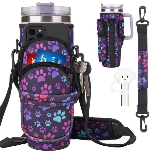 Water Bottle Holder Carrier Bag with Large Phone Pocket,Neoprene Water Bottle Carrier with Strap for Stanley 40 OZ Tumbler, Wrap Around Drink Purse Cup Holder with Straw Cover Accessories