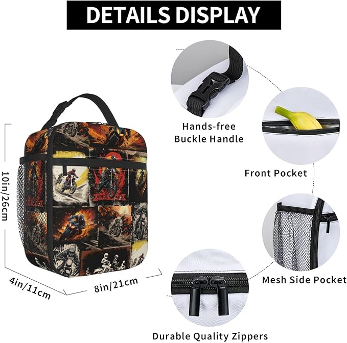 Sport Motorcycle Lunch Boxs for Men Women, Dirt-Bike Motocross Lunch Bag for Kids, Portable Reusable Insulated Lunch Bag for School Work Travel
