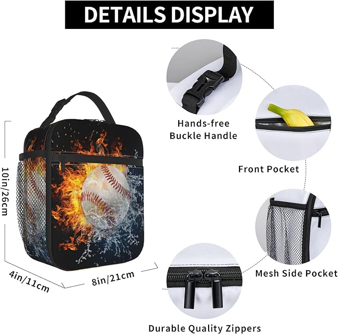 White Baseball Stitches Lunch Box,Cool Fire Water Sport Lunch Bag Sport Insulated for Men Women, Portable Kids Lunch Bag Reusable Baseball Cooler lunchbox for School Work Travel
