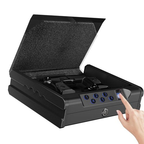Biometric Handgun Safe with Fingerprint, Digital PIN and Key Access, 2 Gun Capacity,Hand Gun lock box for Car Cloakroom living room Bedroom and Nightstand,USB Power Backup.