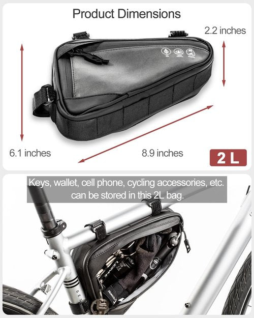 Danuosie Bike Frame Storage Bag, Water Resistant Bicycle Triangle Bag with Two Side Pockets, Reflective Under Seat Tool Accessories Pouch, Front tube Bag for Mountain Road Bike, MTB, 2L